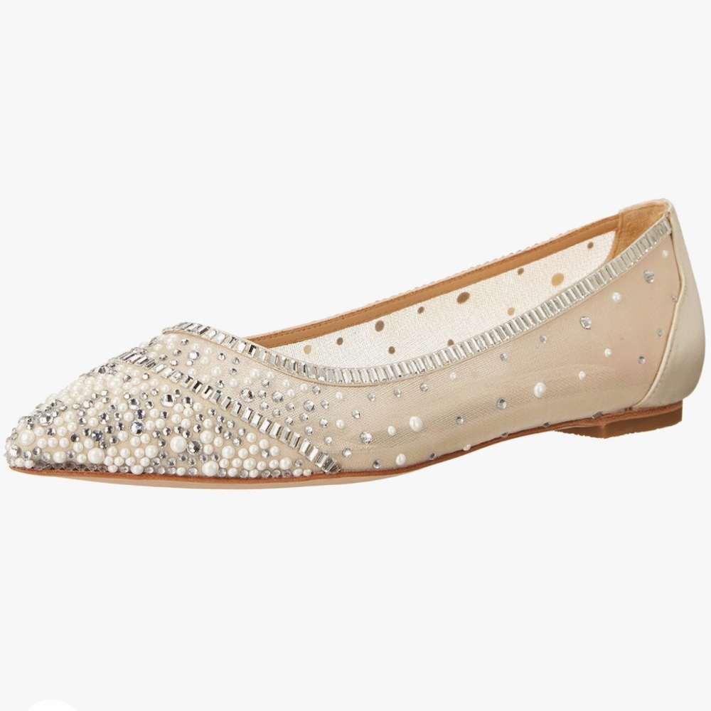Badgley Mischka ~ Babette ~ Bejeweled Mesh Flat ~ Ivory Satin ~ Womens Size 8 - Picture 14 of 17